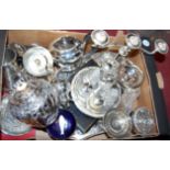 A box of miscellaneous silver plated wares, to include cruets, candelabra, teawares etc