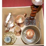 A box of miscellaneous items to include carved oak ecclesiastical candlestick, brass trivet,