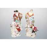 A pair of Sitzendorf porcelain figures, in the 18th century style as a huntsman and his maiden, each