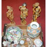 A box of modern ceramics to include reproduction Chinese Canton bowl, pair of figures of geisha