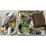 A box of miscellaneous costume jewellery to include Mexican silver and abalone shell butterfly