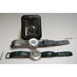 A gentleman's Pringle steel cased wrist watch having black dial with silver baton markers, date