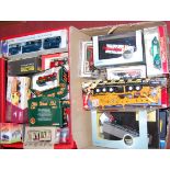 Two boxes of various cased diecast and other vehicles to include Oxford Haulage, Corgi Eddie Stobart