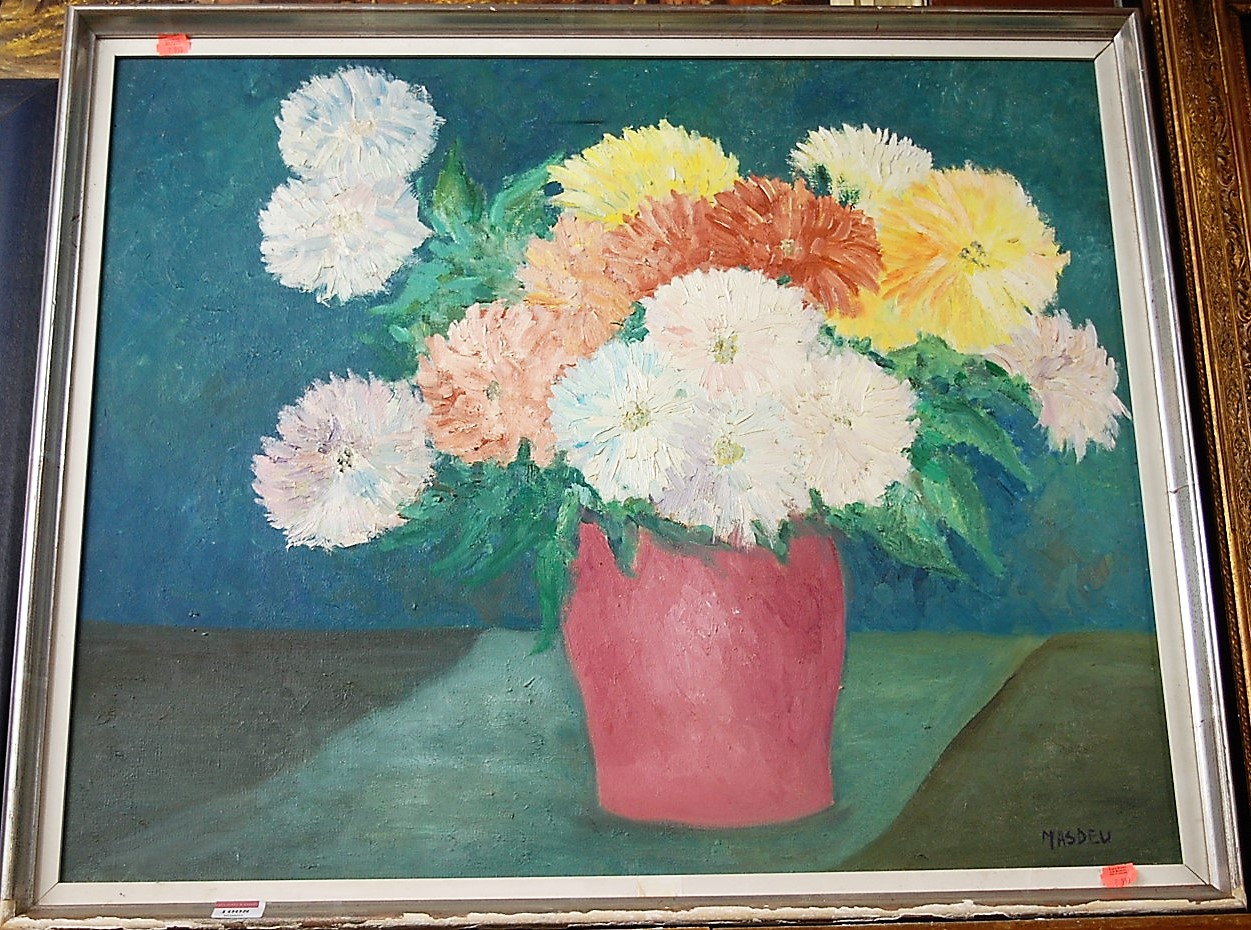 Masdew - Still life with flowers in a vase, oil on canvas, signed lower right, 60 x 71cm