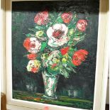 M. Ruvost - Cabbage roses in a glass vase, contemporary palette knife oil on canvas, signed lower