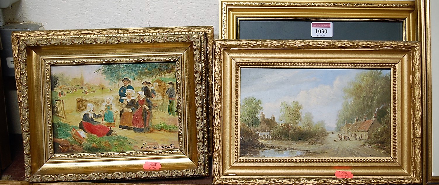 English school - Pair; Village scenes, oil on board, 12 x 21cm; an over-painted print and a modern