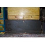 A 19th century stained pine hinge top tool chest, having iron end carry handles, width 107cm