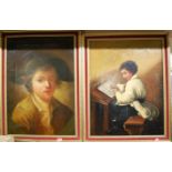 19th century oil on canvas of a boy writing, and a 19th century oil on canvas portrait bust of a