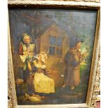 After George Morland - Farm labourers cottage, oil on canvas (a/f); after Edgar Hunt - Farmyard