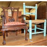 A Chippendale style child's mahogany elbow chair with floral upholstered drop-in seat, together with