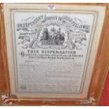 Independent Order of Oddfellows Dispensation Notice, monochrome engraving, in gilt frame