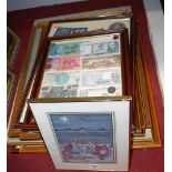 Assorted pictures and prints, a display of fabric lapel and shoulder badges etc