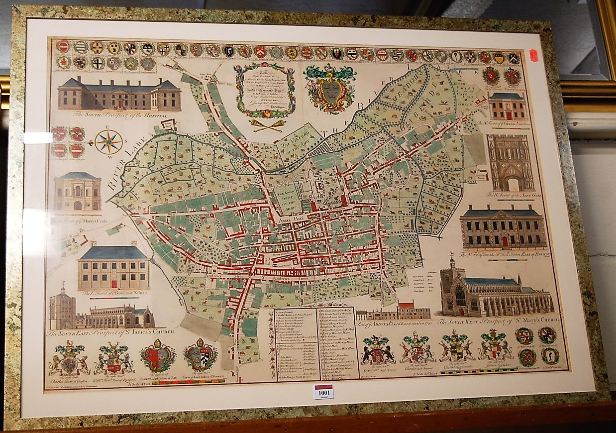 Thomas Warren's survey map of Bury St Edmunds, reproduction colour lithograph, 58 x 82cm