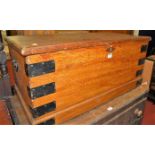 A 19th century scrumble finish pine and metal bound hinge top tool chest, with iron end carry