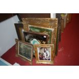 A quantity of reproduction pictures and prints, a French advertising wall mirror etc