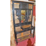 A circa 1900 ebonised and line carved oak mirror back hall stand, width 114.5cm