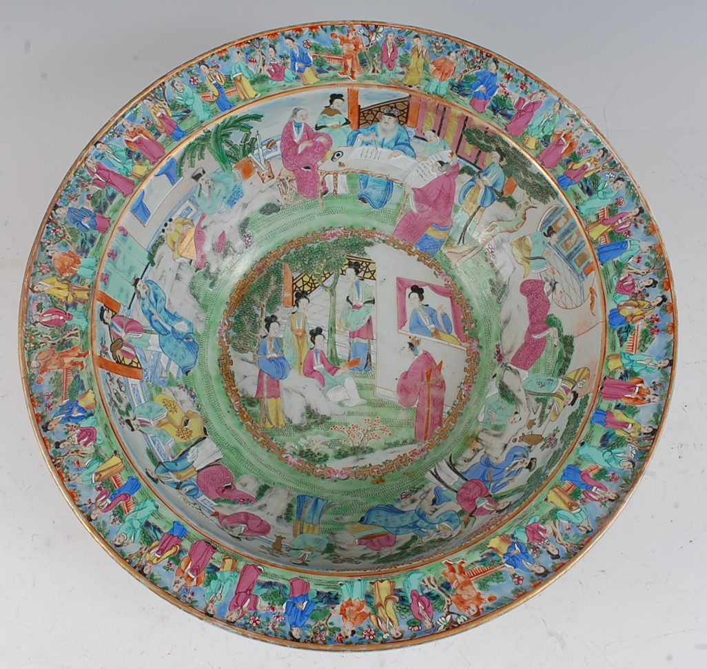 A large 19th century Chinese Canton famille verte bowl, the interior decorated in bright enamels