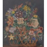 Circa 1900 school - Still life with flowers in a wicker basket, watercolour with traces of white,