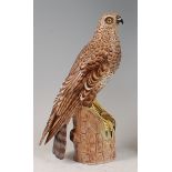 A circa 1900 continental porcelain bird of prey, naturalistically modelled upon a treestump,