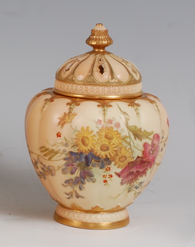 *A large Royal Worcester porcelain blush ivory pot pourri, the pierced dome cover with gilt finial