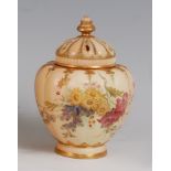 *A large Royal Worcester porcelain blush ivory pot pourri, the pierced dome cover with gilt finial