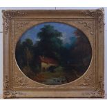 Early 19th century English school - Peasant figures by a watermill in a landscape, oil on canvas (