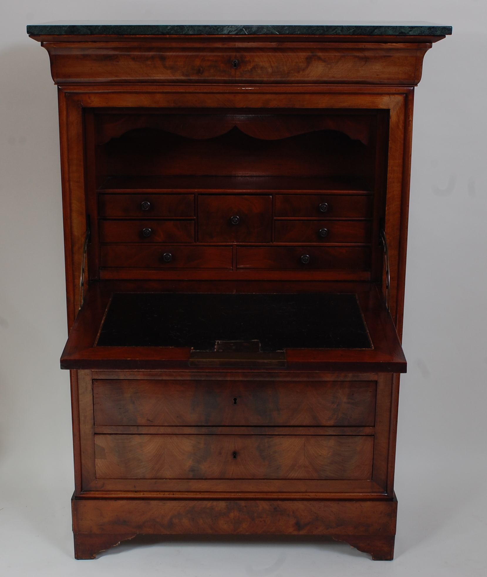 *A 19th century mahogany escritoire, having a green veined marble top above a frieze drawer, with - Image 2 of 3