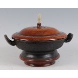 A Chinese bronze archaistic style twin handled bowl, having polished hardwood cover with carved jade