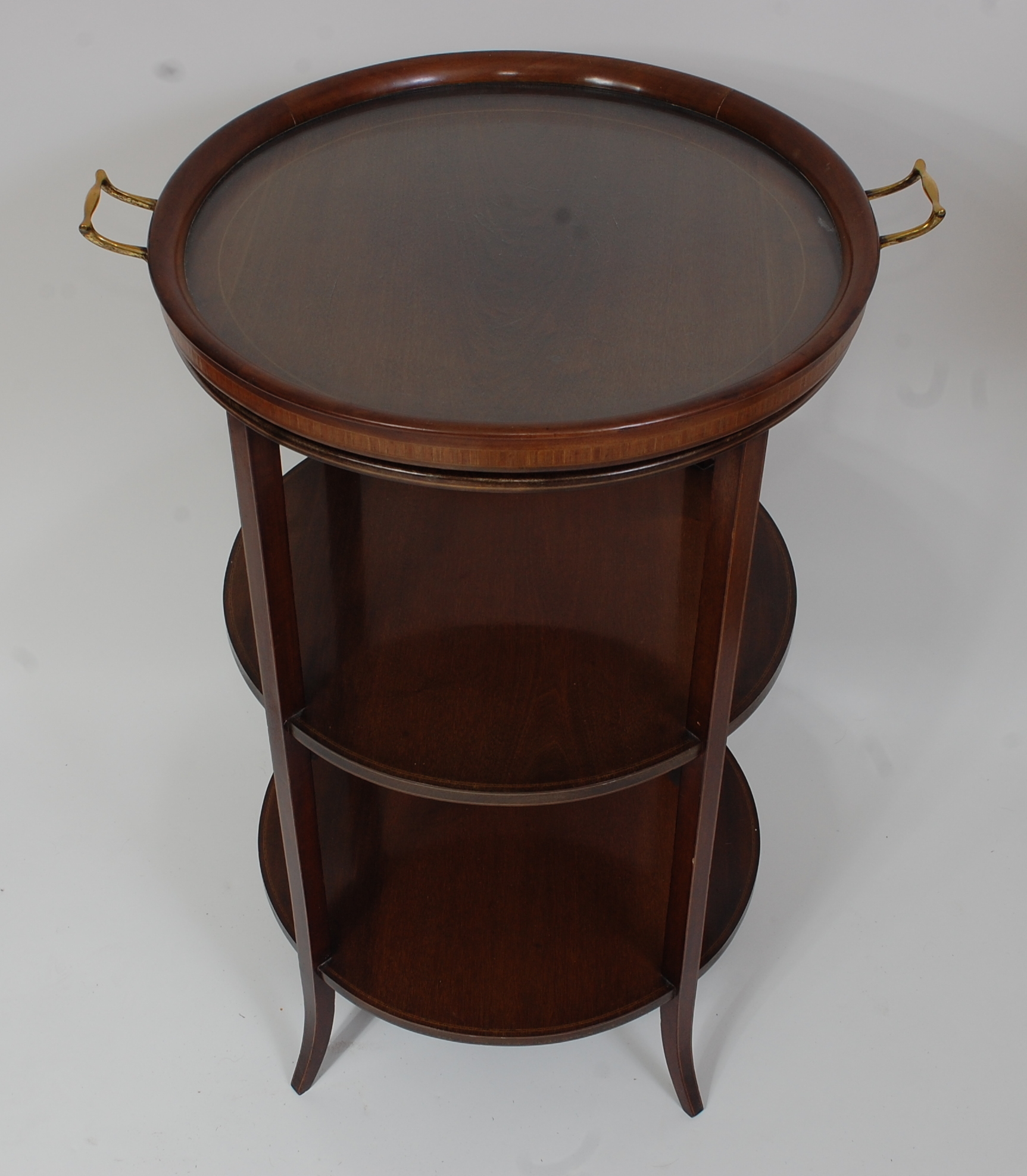 *An Edwardian mahogany, satinwood crossbanded, and boxwood strung tray-top three tier occasional - Image 2 of 2