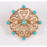 A turquoise and seed pearl brooch, the central round turquoise cabochon surrounded by four