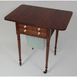 A Regency mahogany work table, the hinged rectangular top above two short drawers with turned