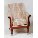 A William IV mahogany showframe library armchair, re-upholstered in velour, having loose cushion,