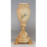 *A Royal Worcester porcelain blue ivory pedestal vase, having reticulated rim to a tapering body,