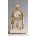 A late 19th century French marble and gilt metal portico clock, the convex white enamel dial