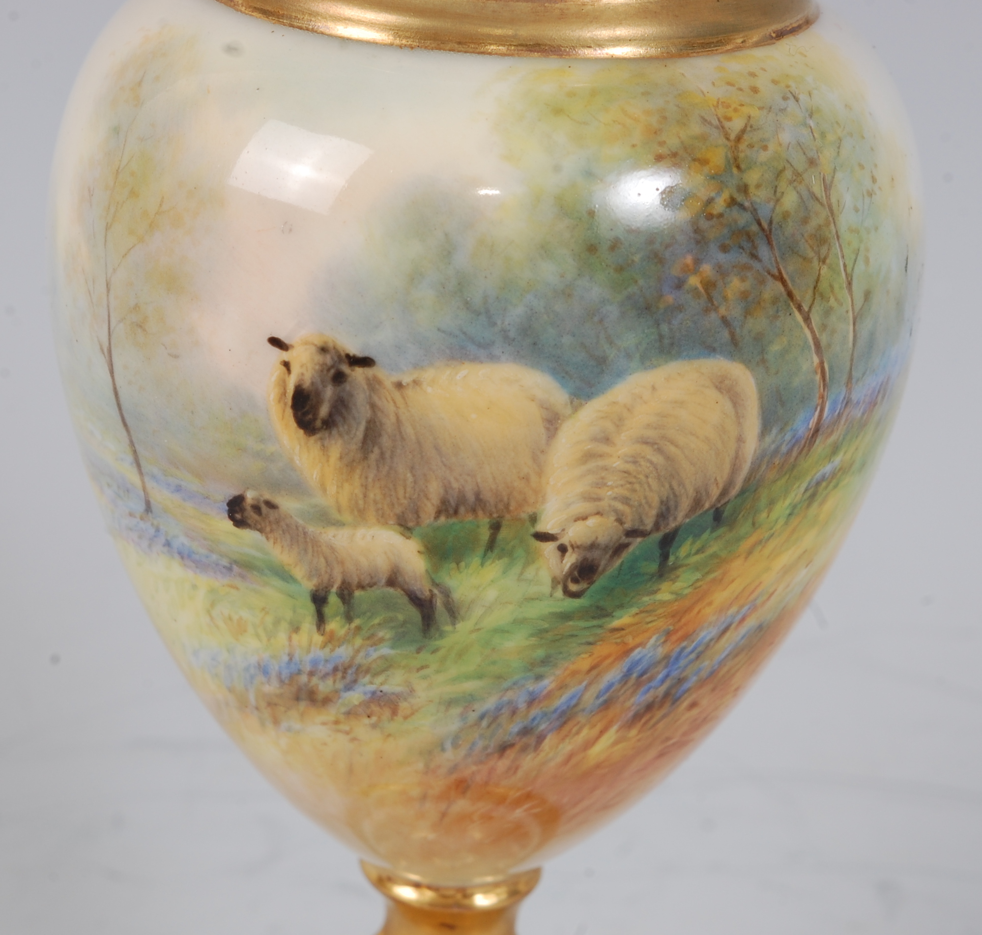 *A Royal Worcester porcelain ovoid pedestal vase, hand-painted with sheep and lamb amidst a - Image 2 of 3