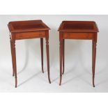 A pair of Regency style mahogany lamp tables, each with crossbanding and single frieze drawers, w.