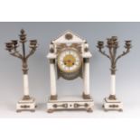 A French Empire period white marble and gilt metal mounted three piece clock garniture, as a portico