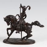 A late 19th century French bronze equestrian model of a knight on horseback, dressed in medieval