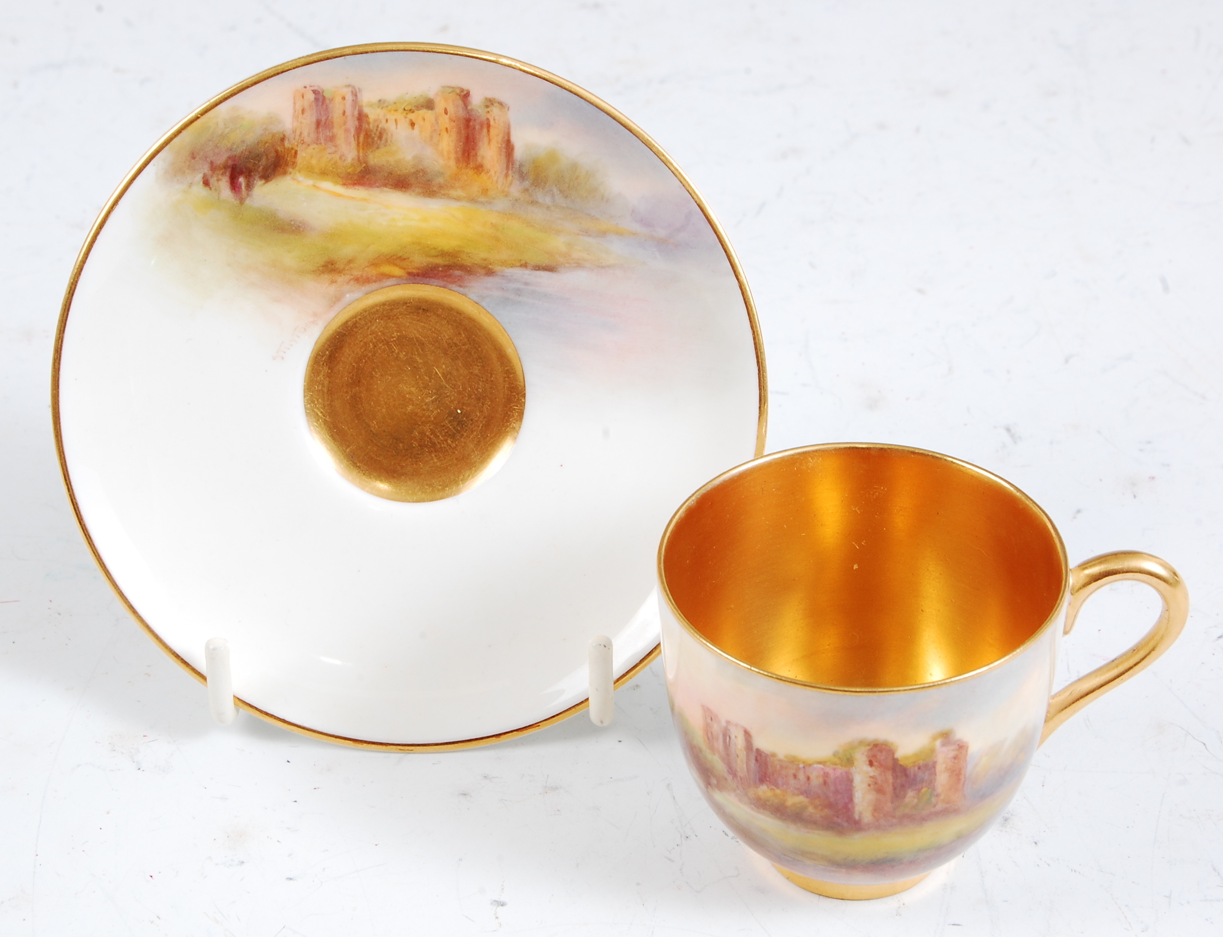 *A cased set of six Royal Worcester coffee cups and saucers, each piece hand-painted with a Scottish - Image 2 of 5