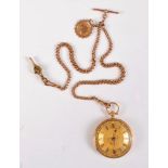 An 18ct pocket watch and 9ct chain, the round open faced pocket watch with black Roman numerals