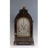A Victorian ebony and brass inlaid table clock, the silvered dial signed Chas. Desprez Bristol,
