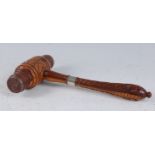 A Victorian carved sycamore presentation gavel, the head carved in relief with a Tudor Rose,