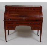 A Hamptons of Pall Mall Sheraton Revival plum-pudding mahogany and satinwood crossbanded cylinder