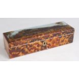 A Victorian tortoiseshell dressing table box, the hinged cover reverse painted on glass with a