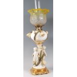 A Victorian soft-paste porcelain oil lamp by Moore Brothers, having a yellow tinted acid etched
