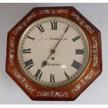 A Victorian rosewood and mother of pearl inlaid octagonal wall clock, the white enamel dial signed