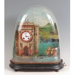 A Victorian musical automata clock diorama, modelled as a coastal fort, the tower inset with white