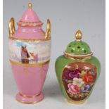 *A Minton porcelain twin handled vase and cover, of tapering form, the frieze decorated with sailing