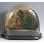 A Victorian glass clock dome, on ebonised plinth, with polychrome painted backdrop depicting a