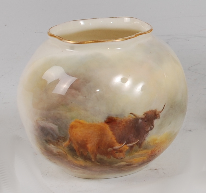*A Royal Worcester porcelain Wrythern moulded spherical vase, hand-painted with Highland cattle,